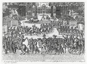 Ankomsten av Mehmed Celebi Efendi, ambassadør for Sultan Ahmed III av Tyrkia, til Tuileriene for å bli mottatt av Louis XV i 1721 (gravering) av French School
