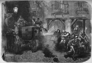 Attentatet på Juan Prim y Prats (1814-1870), spansk general og politiker, ved hans utgang fra Cortes, i gaten del Turco i Madrid 28. desember 1870. Gravering i "" Le Monde Illustré"" n°724 av 25. februar 1871. av French School