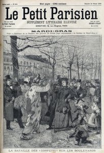 Kampen om konfetti på den parisiske boulevarden under Mardi Gras (Mardi-Gras). Gravering i "Le petit Parisien" av French School