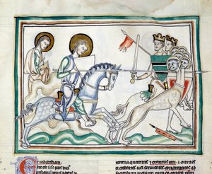 Kampen med dragen har syv hoder: riddere kjemper mot en drage med flere hoder, med spyd, som legemliggjør de syv kongene. Miniatyr hentet fra "The Apocalypse of Cambrai"" belyst av den franske skolen på 1200-tallet. Frk. 422. Kommunebibliotekar av French School