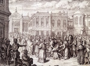 Fødselen til Papesse Jeanne - i "" History of the Papesse Jeanne"" av M. de Spanheim, Haag av French School
