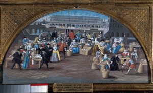 Brødmarsjen og fjærfemarsjen på Quai des Augustins rundt 1670. Maleri av den franske skole 1600-tallet. Paris, Musee Carnavalet av French School