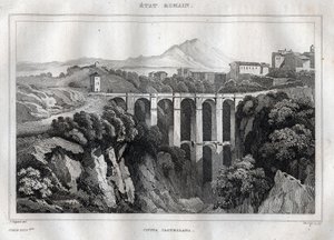 Broen har doble arkader - CIVITA CASTELLANA - Provinsen Viterbo - Italia - Gravering fra "" Italy Picturesque" - Historisk og beskrivende maleri av Italia"" av M. de Norvins, Ch. Nodier 1834-1836. av French School