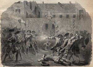 Briganden Louis Dominique Garthausen dit Cartridge (1693-1721) og hans følgesvenner som skal desuitalisere Hotel Desmaretz i Paris, blir overrasket og angrepet av bueskytterne etter en hard kamp, de flykter gjennom takene - den franske briganden Louis Domi av French School