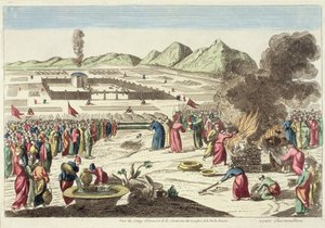 Israelittenes leir og ofringen av den røde kua (fargegravering) av French School