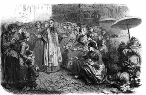 Koleraen i Roma: Pave Gregoire XVI (1765-1846) beordret prosesjoner, rosjoner og velsignelser for å stoppe koleramarsjen. Gravering i "Histoire des Papes-Rois-Queen and Empereurs a travers les centuries"" av Maurice Lachatre av French School