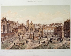 De uskyldiges kirke og kirkegård i 1550 - i "Paris a travers les ages", sent på 1800-tallet. av French School