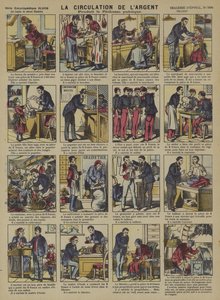 Sirkulasjonen av penger (farge litho) av French School