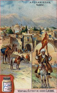 Byen Kandahar i Afghanistan med Mullah som forkynner krig. Reklamekromolitografi fra 1800-tallet. av French School
