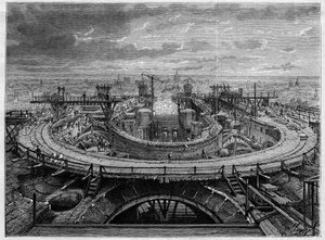 Byggeplassen til kirken Sacre Coeur i Montmartre i 1886, I "The Illustrous World". av French School