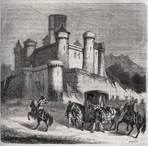 Kortesjen til Rigonde (Rigonthe) (rundt 569-etter 589) forlater Paris for å gå til forloveden hans, prins Recarede. Gravering fra 1871 i «Histoire Des Cocus Celebres»» av Henry de Kock (1819-1892). av French School