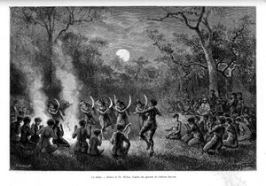 Bumerangdansen rundt ild blant aboriginerne i Australia - i «Tour du Monde»» av French School