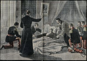 Dødsfallet til Felix Faure (1841-1899), president i Frankrike, Abbe Renault ga ham syndsforlatelsen. Gravering i "" Le Pelerin"" 26/02/1899. av French School