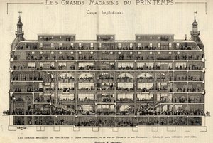 The department stores of Printemps in 1889, longitudinal section, from Rue du Havre to Rue Caumartin, drawing by Berteault, Bianchetti collection. av French School