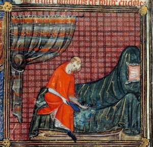 Drømmen, detalj: The Lover kjoler. Miniatyr i "" Roman de la rose"" av Jean de Meun, Jean de Meung eller Jean Chopinel, Jean Clopinel (v.1240-1305), ca. 1370. Chantilly, Musee Conde av French School