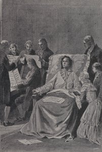 Den døende Wolfgang Amadeus Mozart lytter til vennene hans som fremfører sin kantate In Praise of Friendship (gravering) av French School