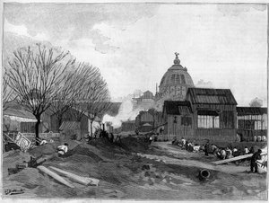 Jordflyttingsstedet for installasjonen av den monumentale fontenen i Paris for verdensutstillingen i 1889. av French School