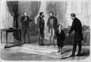 Ingeniøren Boutet presenterte planen sin for en jernbanebro mellom Frankrike og England for keiser Napoleon III (1808-1873), i nærvær av sønnen Prince Imperial (1856-1879) av French School