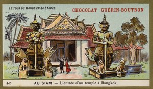 Inngangen til et tempel i Bangkok, Siam (chromolitho) av French School