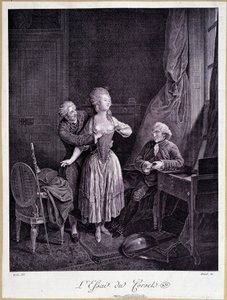 Essayet om korsettet (to menn og en kvinne med strippede bryster) - 18. gravering. av French School