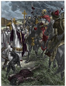 Den eveque Saint Loup av Troyes arresterer Attila kongen av hunerne før Troyes - Barbarian invasjoner - Gravering etter maleriet av H. Grobert. av French School