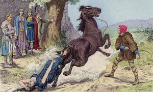 Henrettelsen av Brunhilda av Austrasia av Chlothar II, 613 (fargeillustrasjon) av French School
