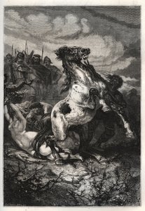The execution of Brunhilda of Austrasia by Chlothar II, 613 - The death of queen Brunhilda of Austrasia, a Visigothic princess, married to king Sigebert I of Austrasia - Mort de Brunehaut (or Brunehilde) ordered by Clotaire (Clothaire) II (613). engraving  av French School