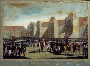 Avskjeden til Napoleon Bonaparte (1769-1821) har den keiserlige vakt på gårdsplassen til Cheval Blanc i Fontainebleau den 20.04.1814. Anonymt maleri. 1814 Aix Island, Napoleons museum av French School