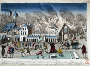 Brannen på St Germain Fair i Paris, natten 16. til 17. mars 1762 - gravering av French School