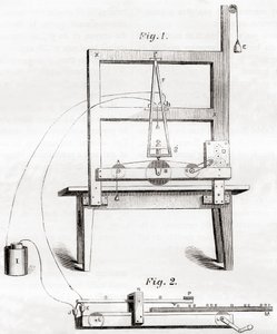 Den første elektriske telegrafen oppfunnet av Samuel Morse i 1837, fra Les Merveilles de la Science, publisert ca. 1870 (gravering) av French School