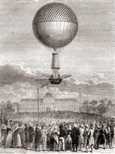 Den første vellykkede ballongflyvningen til Jean-Pierre François Blanchard 2. mars 1784, i en hydrogengassballong skutt opp fra Champ de Mars, Paris, Frankrike, fra Les Merveilles de la Science, publisert ca. 1870 (gravering) av French School