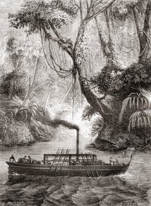 Den første vellykkede prøvekjøringen av John Fitchs dampbåt Perseverance på Delaware River, Amerika, 22. august av French School