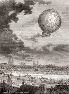 Den første ubundne ballongflyvningen, av Jean-François Pilâtre de Rozier og Marquis d'Arlandes 21. november 1783 i en Montgolfier-ballong, fra Les Merveilles de la Science, publisert ca. 1870 (gravering) av French School