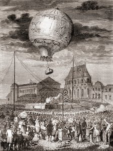 Flyturen til Aérostat Réveillon den 19. september 1783 av Montgolfier-brødrene i Versailles, Frankrike, før kong Louis XVI av Frankrike og dronning Marie Antoinette, fra Les Merveilles de la Science, publisert ca. 1870 (gravering) av French School