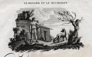 Reven og tremannen. Fabel om Esope. (Gresk forfatter Esopo eller Ecopus, 6. århundre f.Kr.) Skrevet av Guillaume Montfort og Gravees av Beauble i 1801. av French School