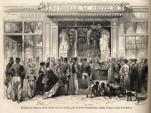 Hesteslakterbutikken ved barriere de Fontainebleau (Paris) åpnet i 1866 - butcherie chevaline - Boucherie Meat de Cheval Boulevard Italia nær barriere de Fontainebleau 1866) Gravering i "Le monde illustrious" fra 1866 av French School