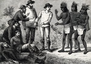 Innbyggerne i Peru hjelper koloniale europeere som lider av malaria med Cinchona (gravering) 1888 av French School