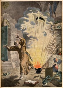 Oppfinnelsen av krutt av den tyske munken og alkymisten Berthold Schwartz (ca. 1318-1384) – Illustrerende oppfinnelser. Pulveret. Illustrasjon for Le petit Journal, 27. januar 1901. av French School