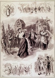 Hovedillustrasjonen skildrer scenen: «En tåre ble hørt, separate slag fulgte. Francoise, opprørt av en skjelving, hadde båret hendene til ørene.»» for «L'Attack du Moulin»», et lyrisk drama av Emile Zola (1840-1902) i fire akter. Musikk av Alfred Br av French School