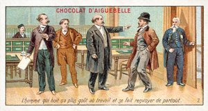 Mannen som drikker har ikke lenger sansen for arbeid og blir sagt opp (chromolitho) av French School