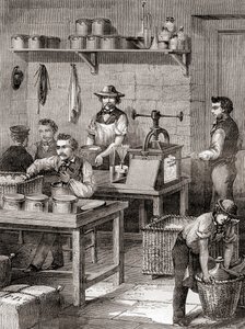 Produksjonen av våpenbomull på 1800-tallet, fra Les Merveilles de la Science, publisert ca. 1870 (gravering) av French School