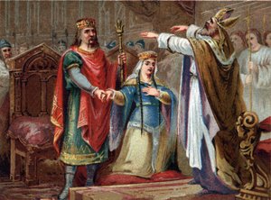 Ekteskapet til Clovis (481-511) Francenes konge med Clothilde i 493. Kromolitografi fra slutten av 1800-tallet. av French School