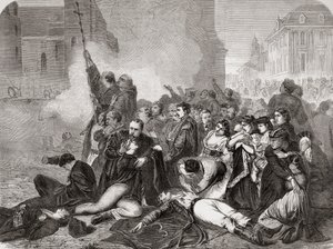Massakren av sivile på Slottsplassen, Warszawa, 8. april 1861 av russisk infanteri og kavaleri, fra "L"Univers Illustré", 1866 av French School