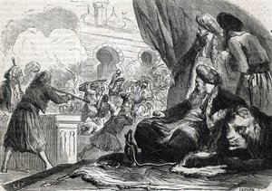 "Massakren av janitsjarenes hær i 1826 av Sultan Mahmoud II, Konstantinopel" (gravering) 1864 av French School