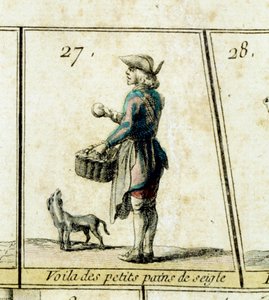 Rugrullkjøperen Detalj av et gåsespill fra ropene og gamle Paris-metierer. Privat samling fra 1700-tallet av French School