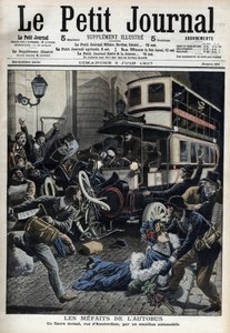 Bussens feilgrep: en fiakre knust av en buss i Paris-gaten i Amsterdam "Le Petit journal", juni 1907 (gravering) av French School