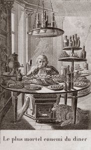 The most deadly enemy of dinner - engraving in “” Almanach of gourmets, serving as a guide in ways to make excellent dear. By an old amateur”” by Alexandre Balthazar Laurent Grimod de la Reyniere - 1804-1812 av French School