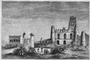 The palace of the Negouss (Negus) or kings of Ethiopia in Gondar. Engraving from 1896 in “” L