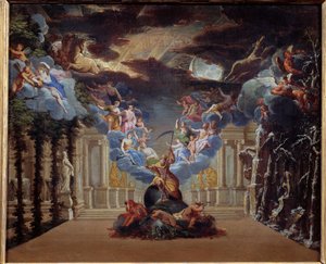 Tidens palass, dekor av prologen til "Atys" av Jean Baptiste Lully (Giovanni Battista Lulli) (1632-1687) opprettet i 1676 Myhologiske figurer som Mercury, Hermes er representert. Anonymt maleri av den franske skolen på 1600-tallet. Paris av French School
