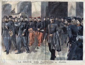 Postbudene streiker: soldater og kommunale vakter siktet for utdeling av brev i Paris. Gravering av 1899 i "" La petite Gironde"" av French School